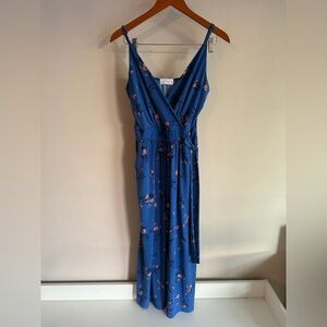 Kaileigh Blue Floral Surplice Jumpsuit Wide Leg Sleeveless Medium